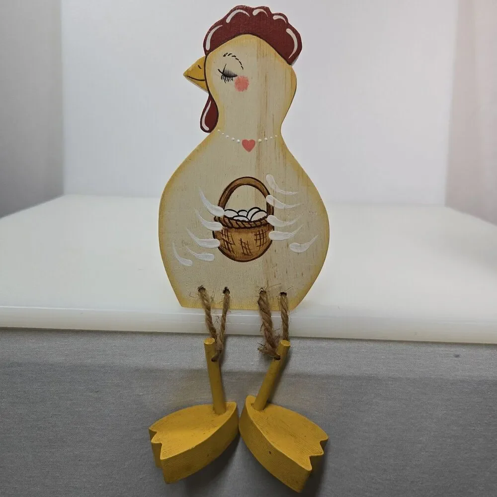 VTG Wooden Chicken Shelf Sitter with Dangling Legs Hand Painted Rustic Farmhouse